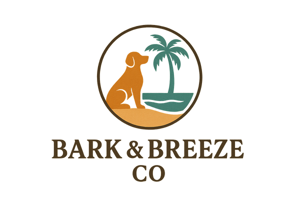 Bark & Breeze Co logo featuring a dog silhouette under a palm tree with a warm orange sun and teal waves, symbolizing a premium coastal pet lifestyle brand